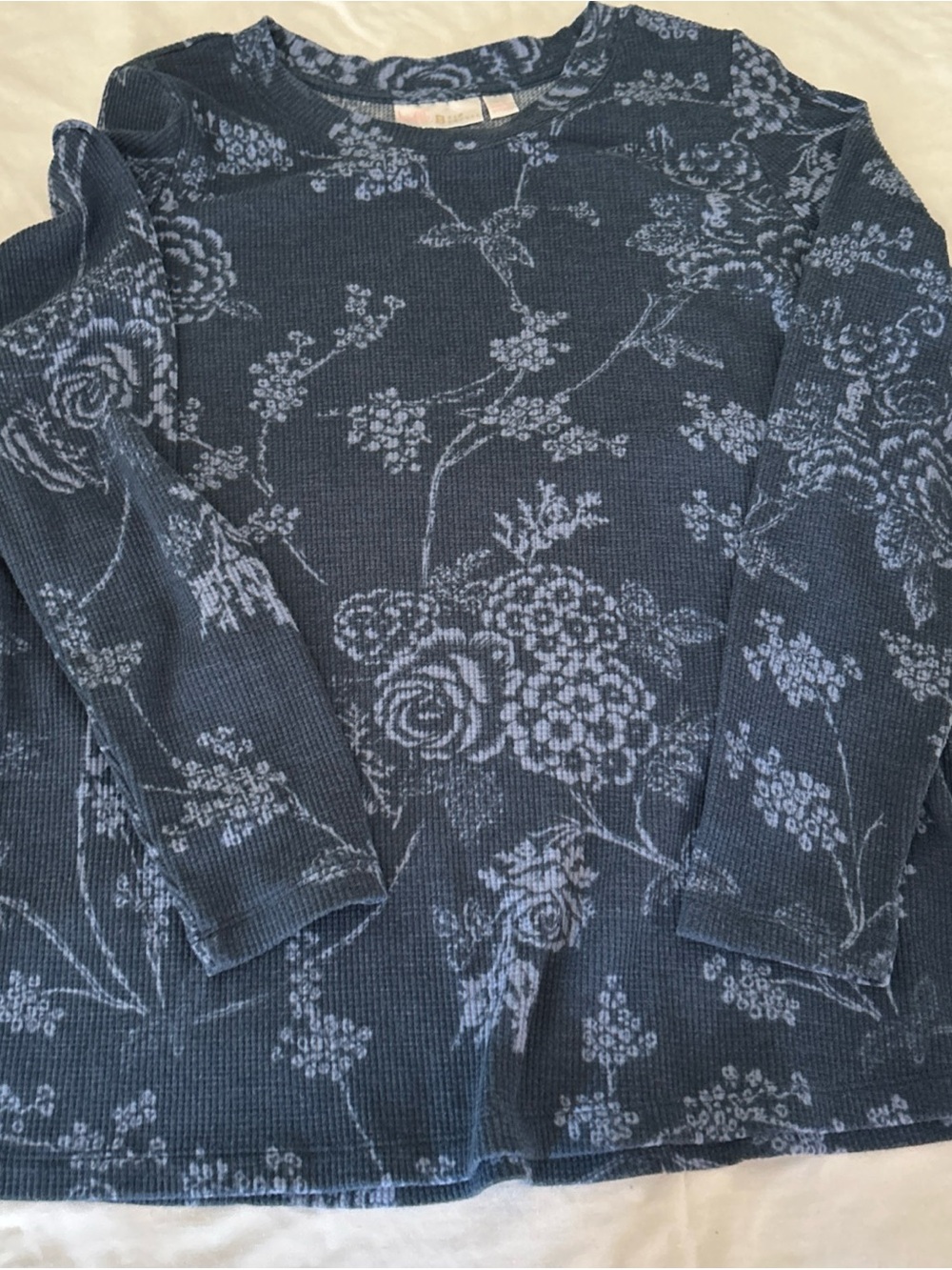 Belle by Kim Gravel Blue Floral Waffle-Knit Crewneck Sweater